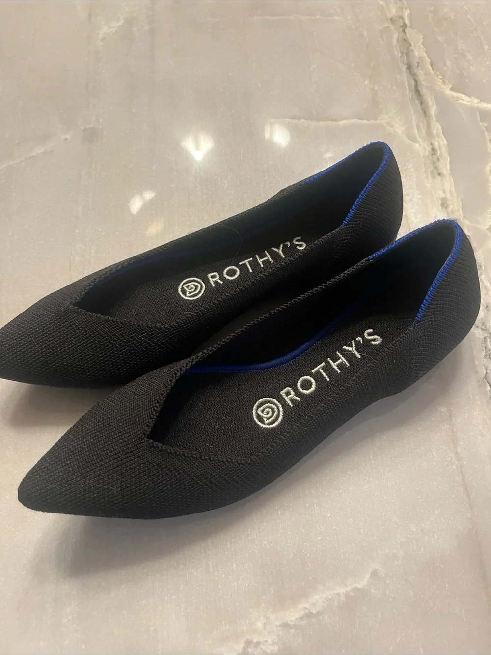 Rothy's Black Pointed Knit Flats with Blue Trim